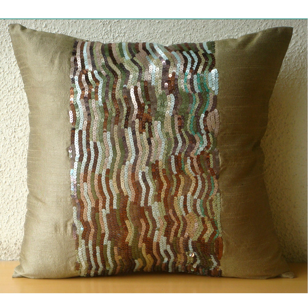 Earthy Delight - Throw Pillow Covers - 16x16 Inches Silk Pillow Cover Embellished with Sequins