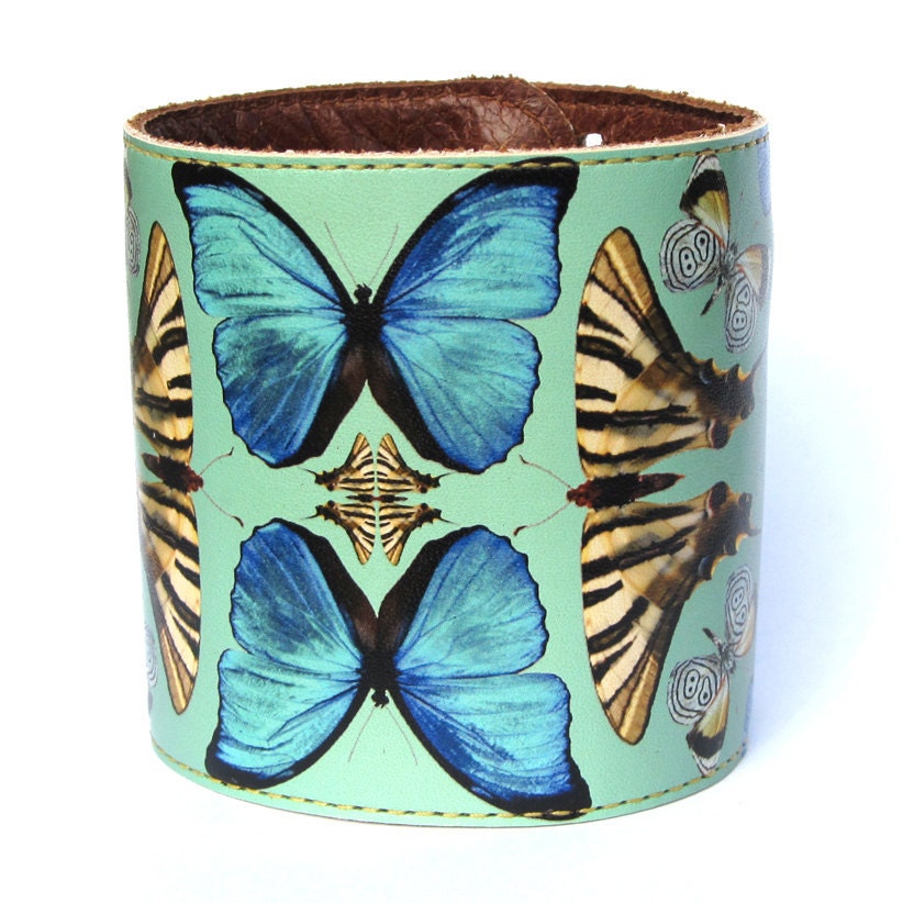 Leather cuff / wallet wristband - Beautiful butterfly collage design