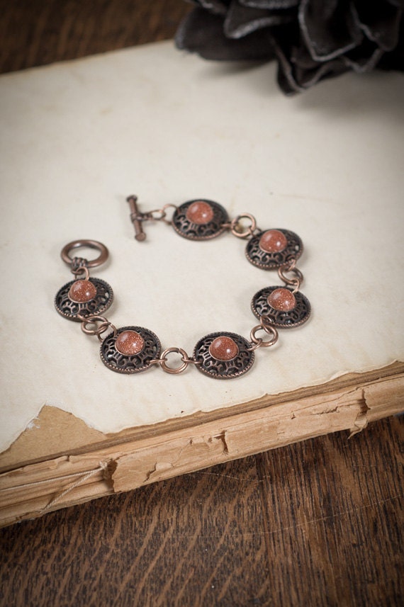Goldstone bracelet, metallic copper crystals, detailed copper setting, festive jewelry "Roman Revelry"