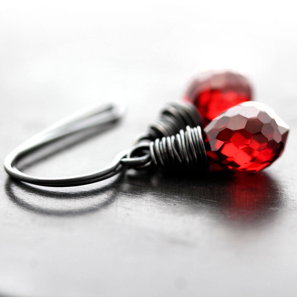 Red Earrings, Garnet Red Faceted Briolette Oxidized Sterling Silver Dangle Earrings - Fire Engine