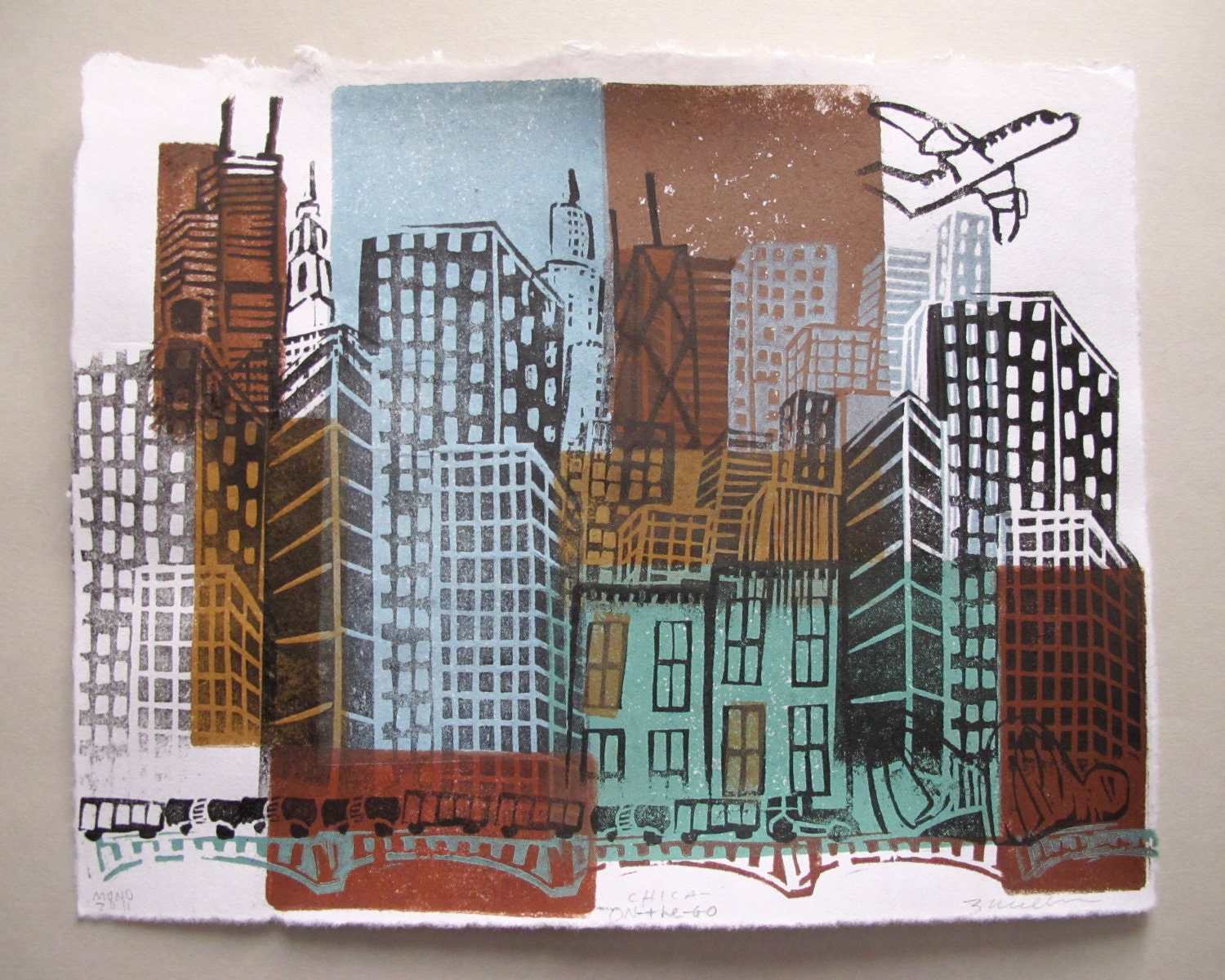 Chicago "Chica-On-The-Go" Linocut Monoprint