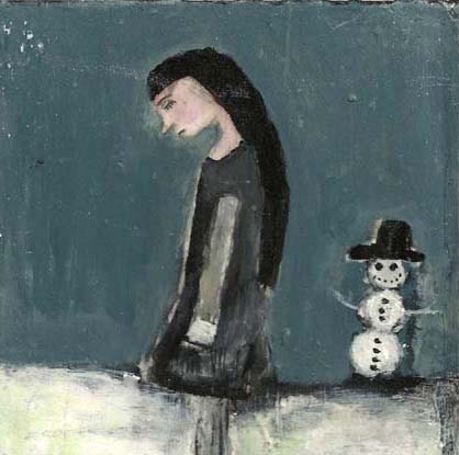 Girl snowman winter scene - original mixed media 5x7 painting