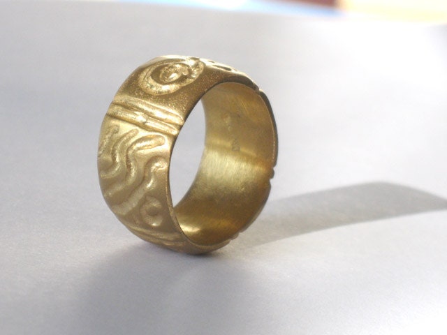 Wide gold band ring - carved 14k gold  band