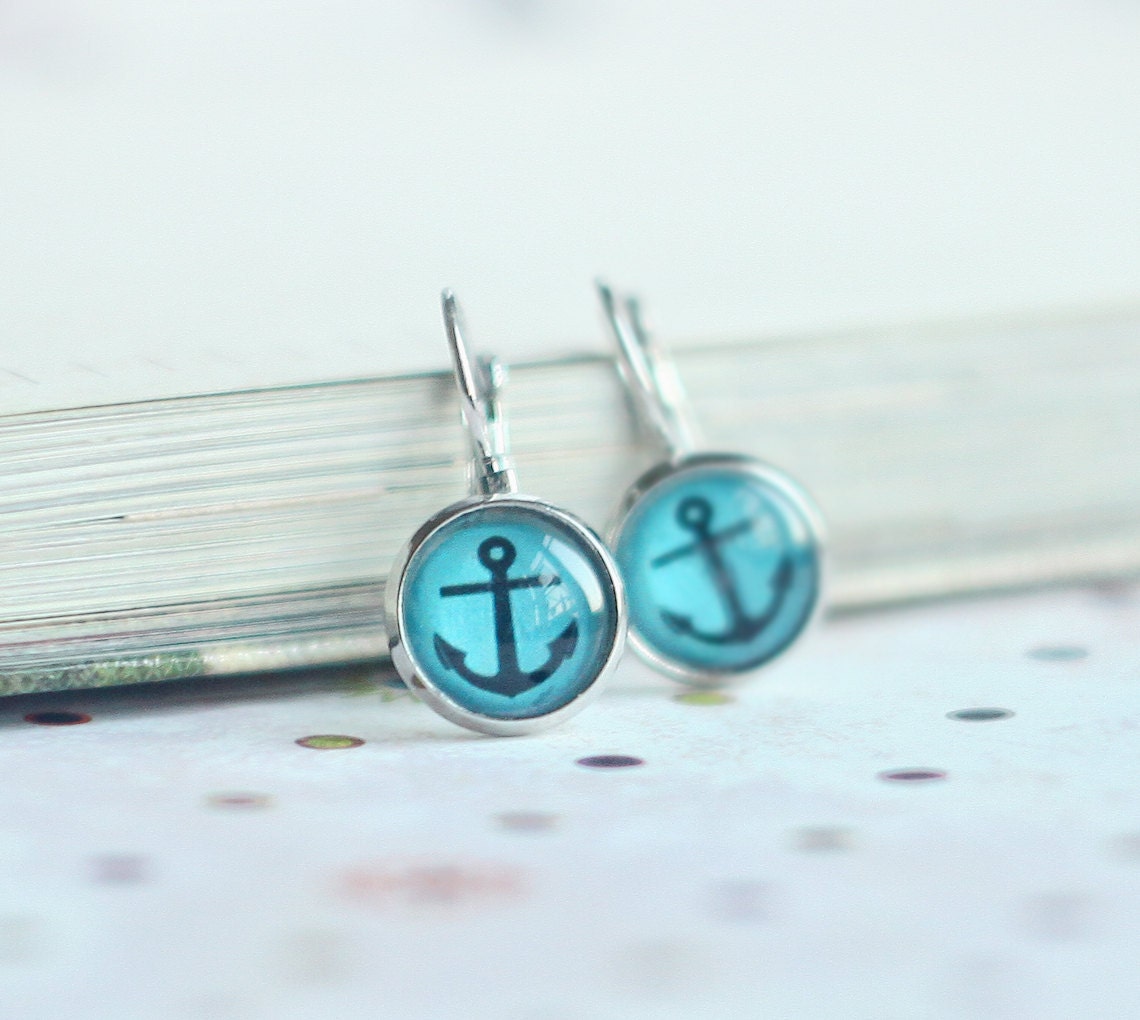 Anchor silhouette earrings - Aqua, cyan, electric blue, robin egg blue, black -Free Worldwide Shipping - Gift for her under 20