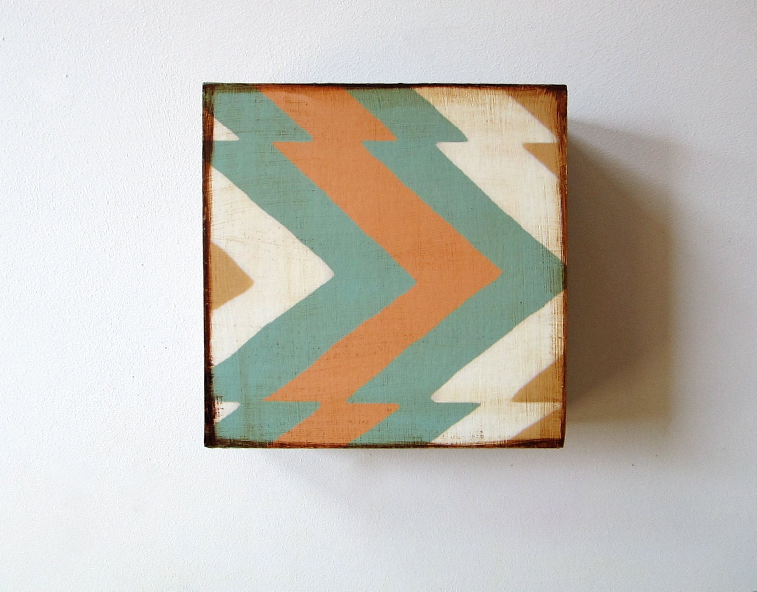 Chevron Zig Zag Arrow 5x5 art block on wood Orange Turquoise Brown Geometric