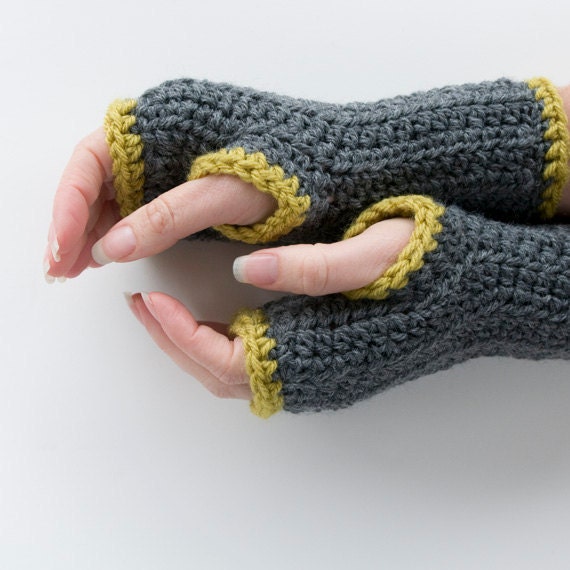 Handmade Women's Fingerless Texting Gloves Handwarmers Two Toned Gray Yellow Green