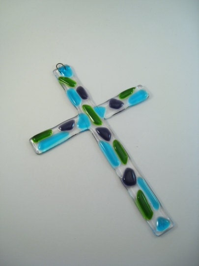 Fused Glass Wall Cross - Green, Turquoise, Plum Mosaic