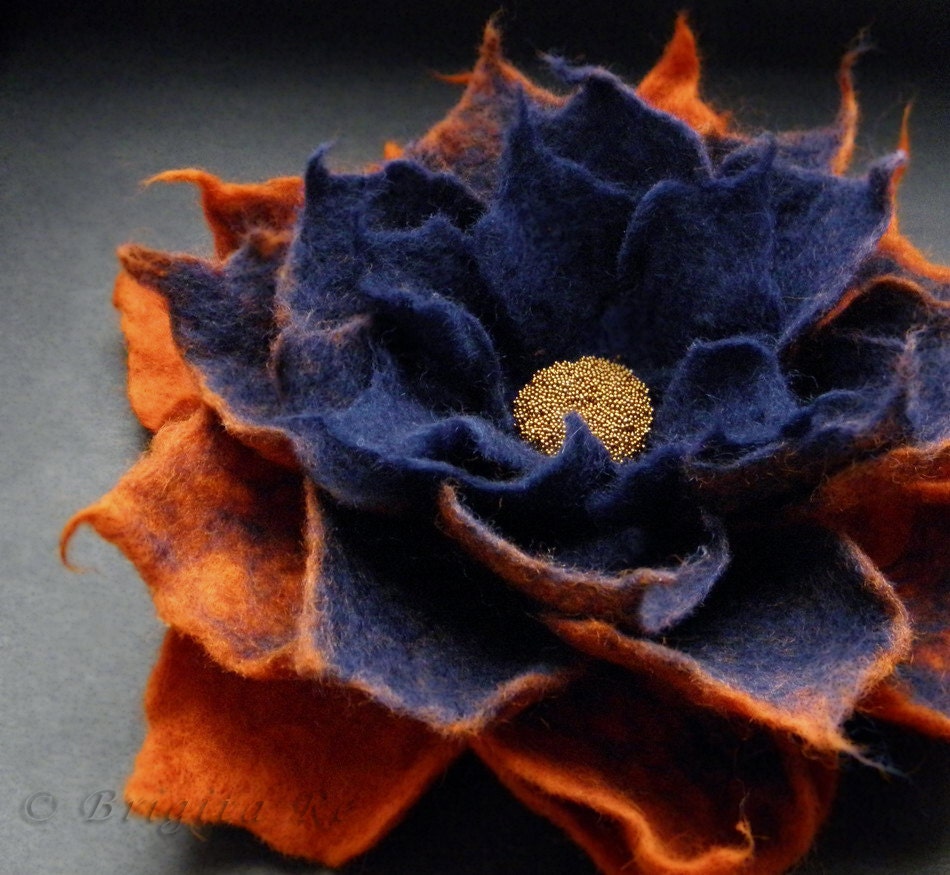 Indigo Red Orange Felt Flower Brooch