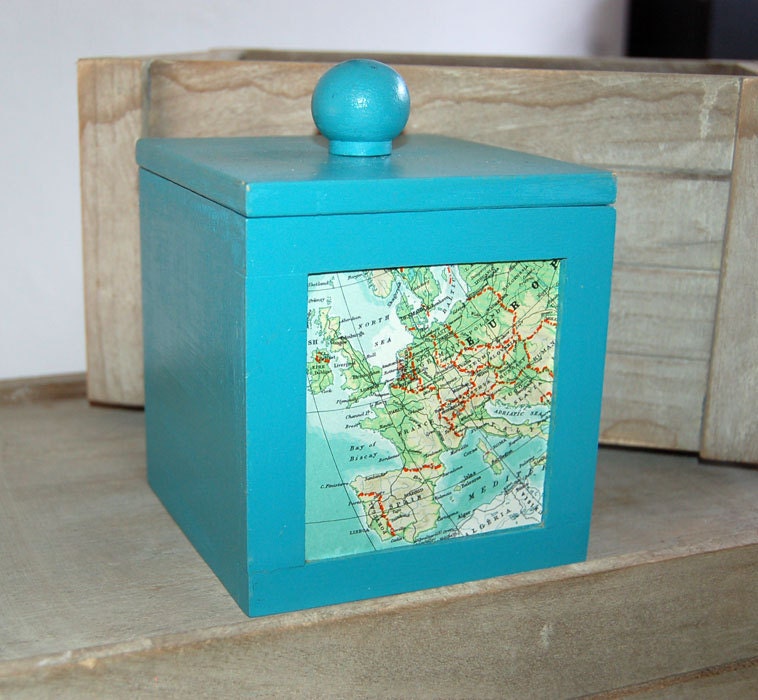 Upcycled Map Box Turquoise Storage Shabby Chic Europe