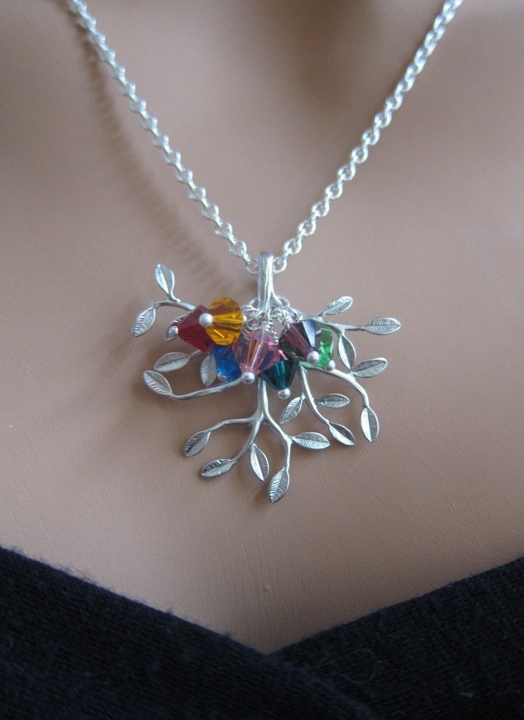 Family Tree Birthstone sterling silver personalized pendant necklace 7 STONES