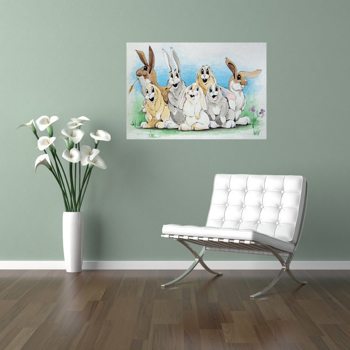 Bunny Family Illustrated Original Watercolor Painting Artwork Children Nursery 11x14 Wall Decor