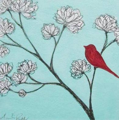 Red Bird and White Blooms - original painting on wood block