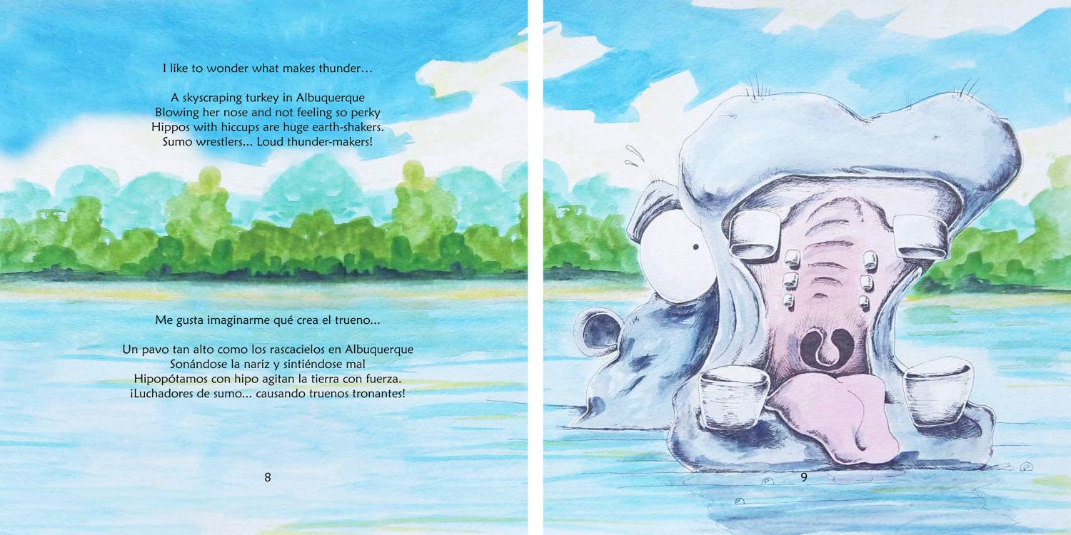 Original Watercolor Painting Page 8 9  from Children's Book Thunderful Hippo with Hiccups are Huge earth shakers
