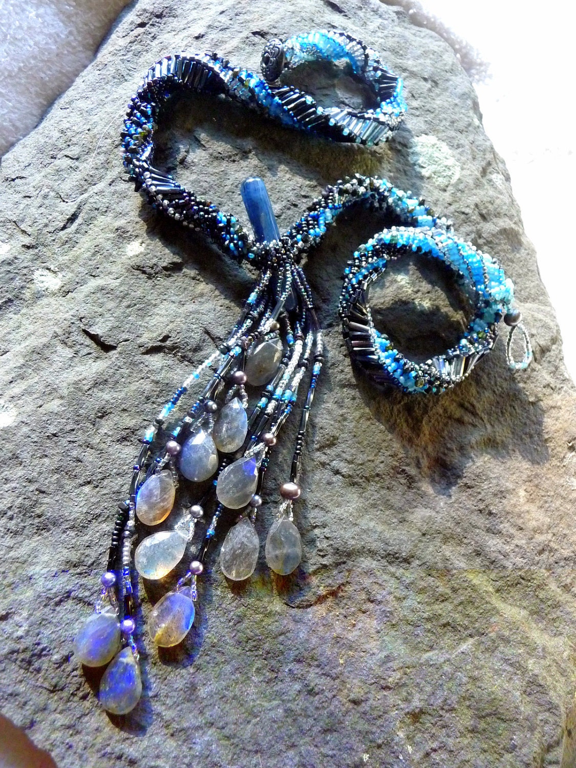 Murmuration - Kyantite/ Labradorite Cascading Tassel Beadwoven Necklace