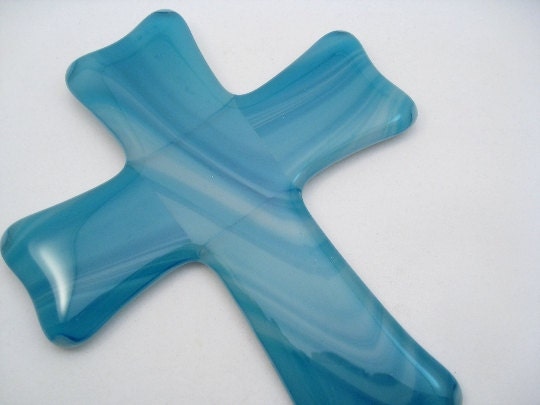Fused glass wall cross in a lovely blue streaky glass.