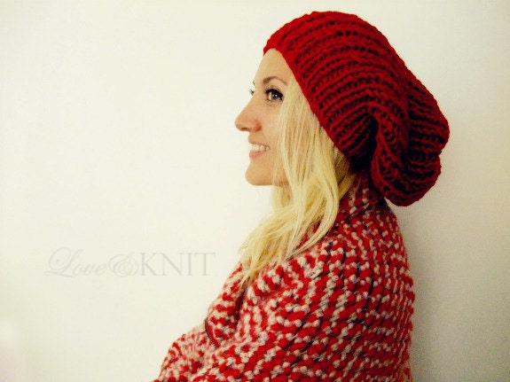 Hand Knit Red Slouchy Hat