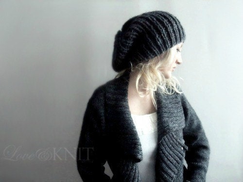 Slouchy Hat Dark Grey Hand Knit
