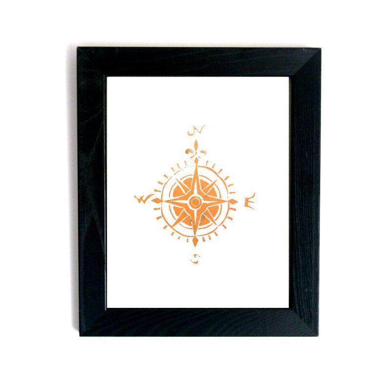 Compass print North South East West -  Linoleum Art Print orange