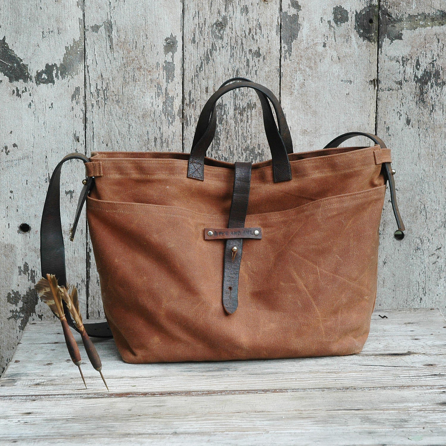 Waxed Canvas Tote: Spice, antique military leather, homespun fabric.