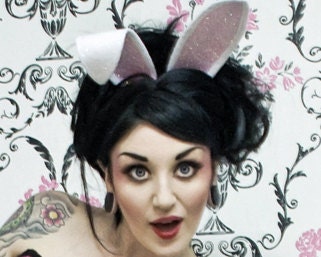 Bunny Ears Headband, Cute Animal Ears in White and Pink Glitter