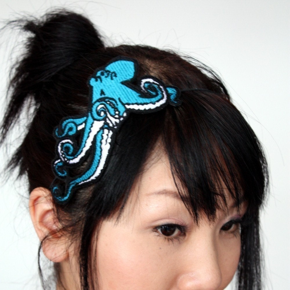 Octopus Embroidered Headband in Deep Turquoise