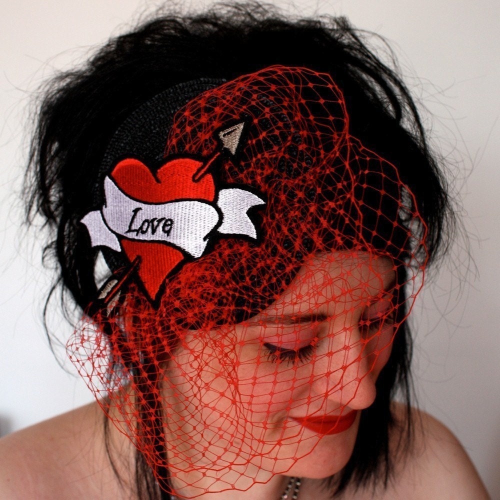 Bridal Fascinator, Retro Tattoo Styled with Veiling, Personalized - Black Friday Etsy Cyber Monday Etsy