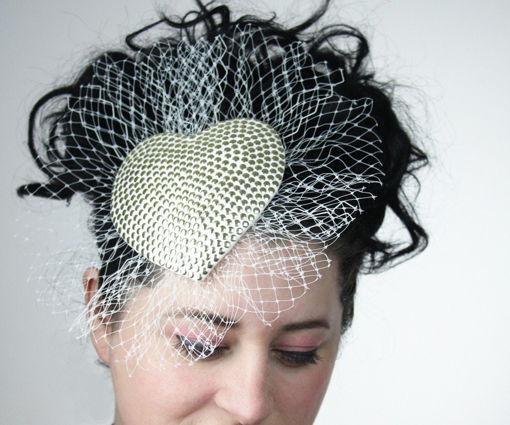 Rock n Roll Bride Fascinator Ivory Gold Studs with Veiling