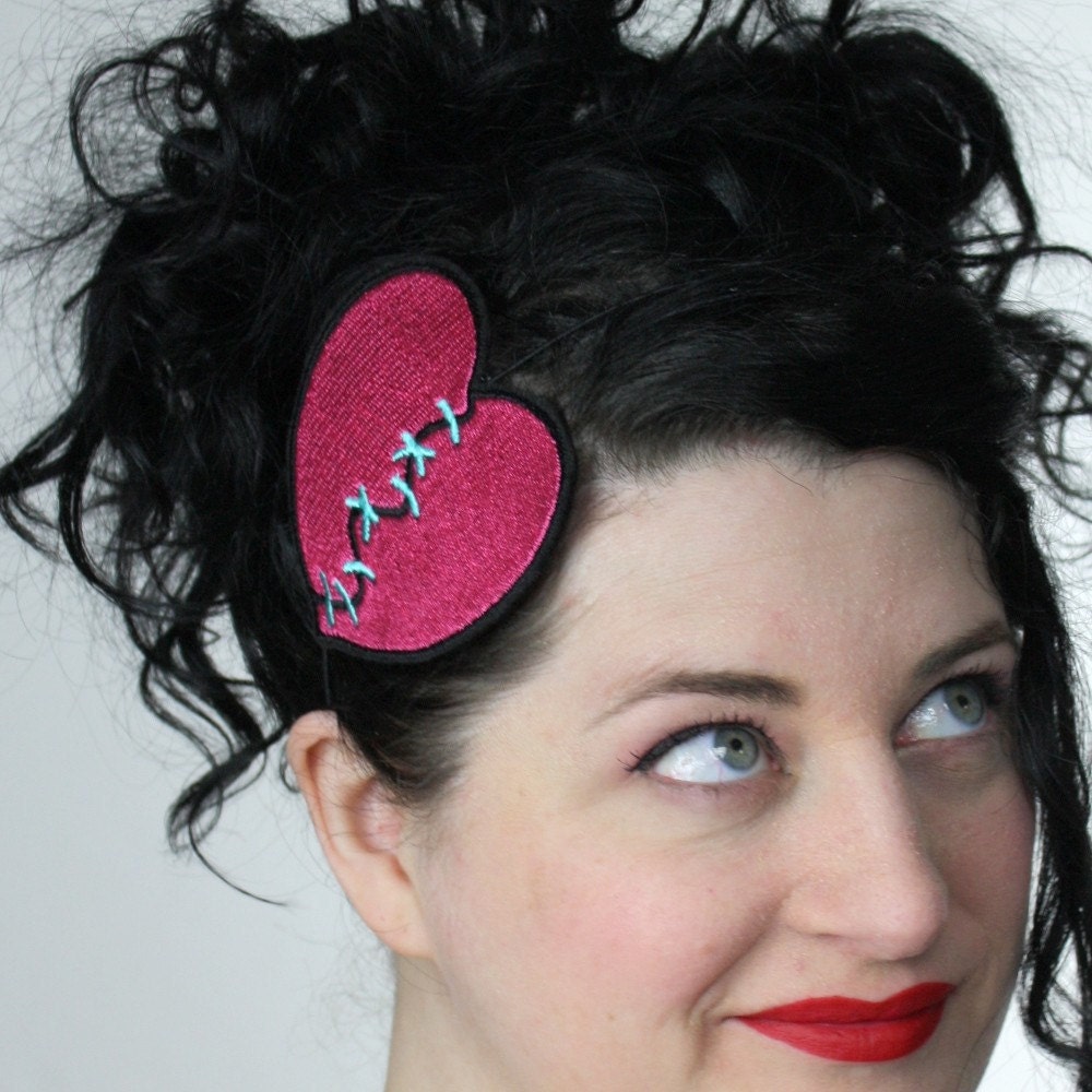Mended Heart Headband, Stitched Heart, Hot Pink and Turquoise