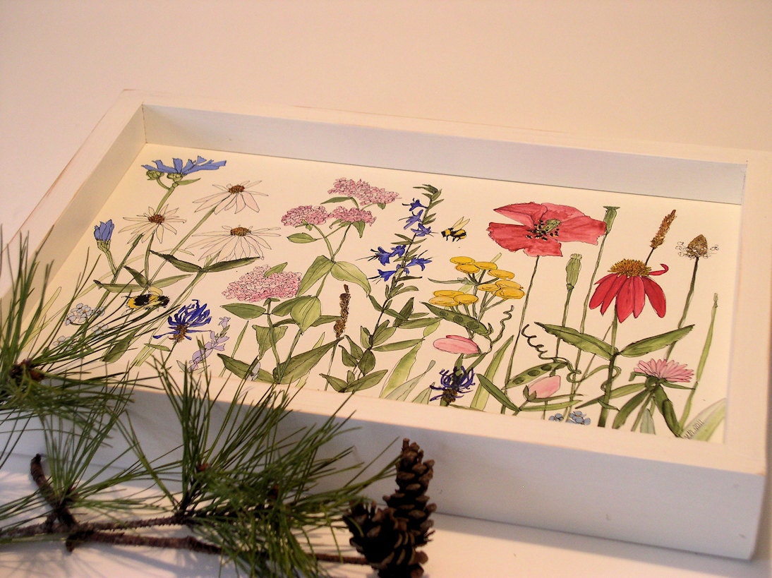 Painted Furniture Farmhouse Wood Tray with Wildflowers on White Background