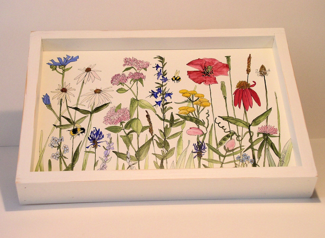Painted Furniture Farmhouse Wood Tray with Wildflowers on White Background