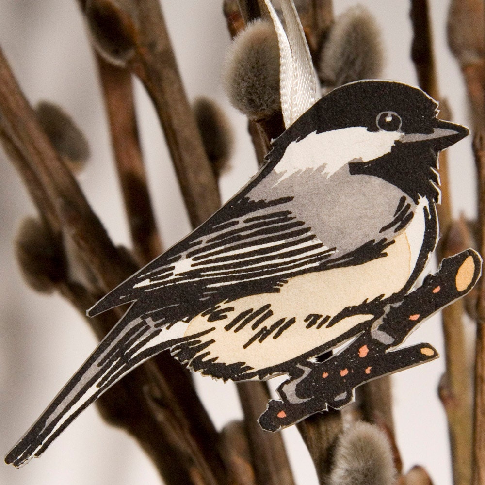 BLACK-CAPPED CHICKADEE hand colored linocut Christmas bird ornament