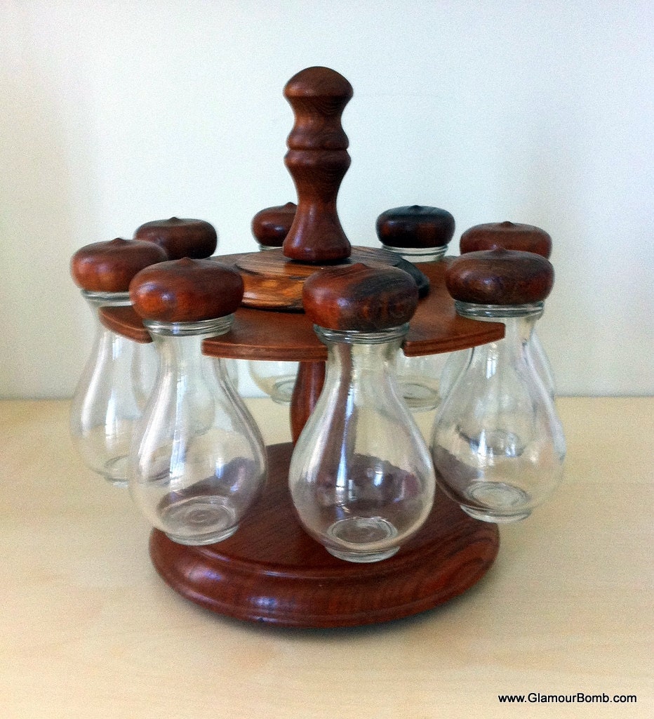 Vintage Apothecary Jar Spice Rack by Woodcrest Styson 1968 -  Wooden and Glass Set - Lazy Susan Style Kitchen Accessories Organizer