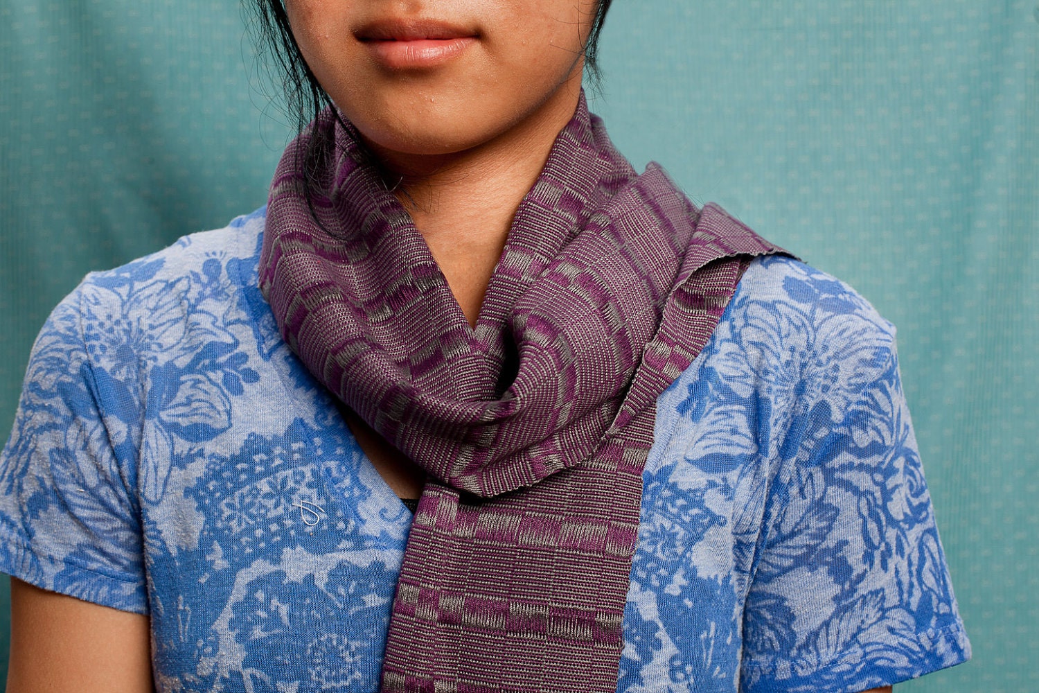 Handwoven Purple and Gray Checkered Scarf - Daw