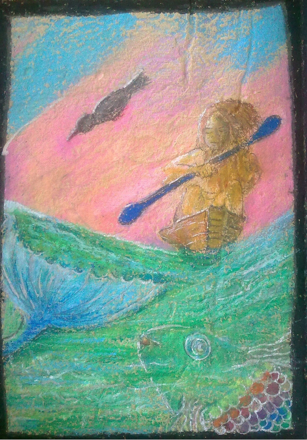 Ocean Quartet - oil pastel drawing on handmade paper