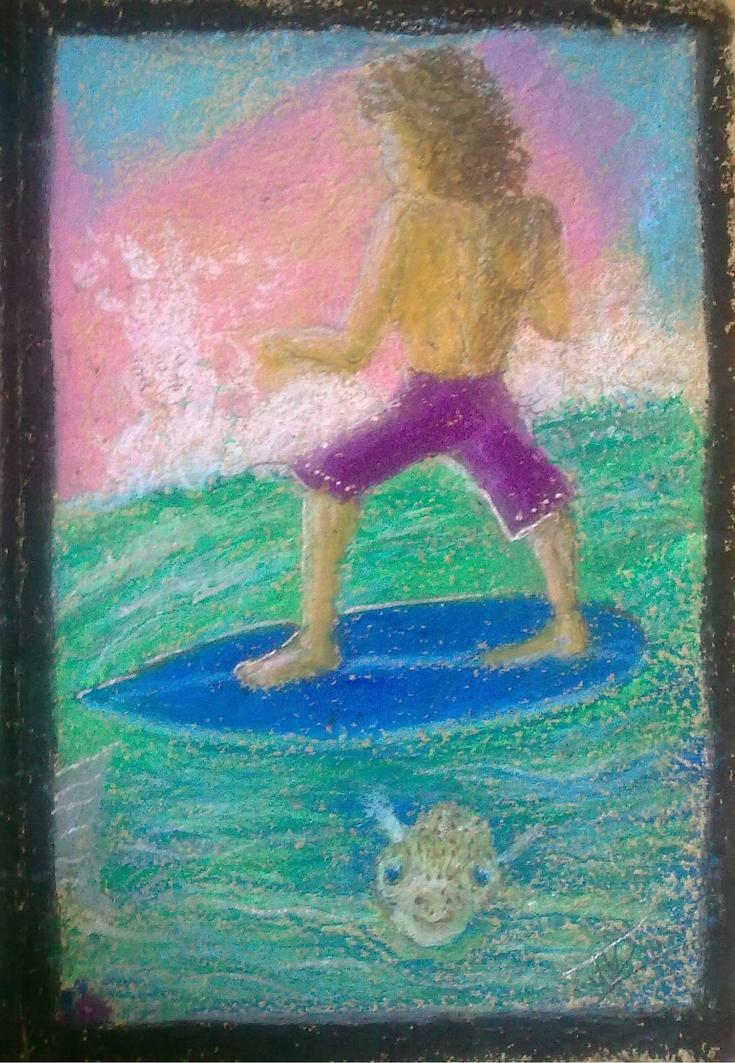 Ocean Quartet - oil pastel drawing on handmade paper