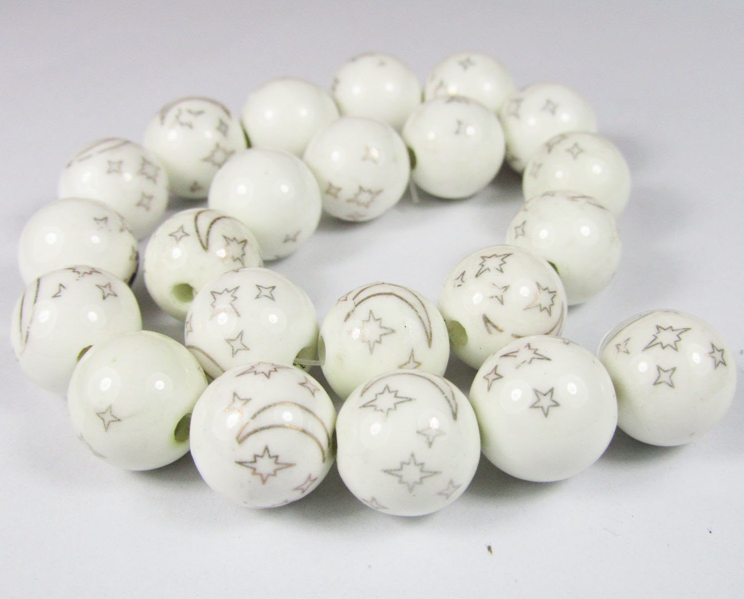 Ceramic Beads -10pcs Chinese Hand Painted Moon and Stars Ball Bead Earring Findings 14mm