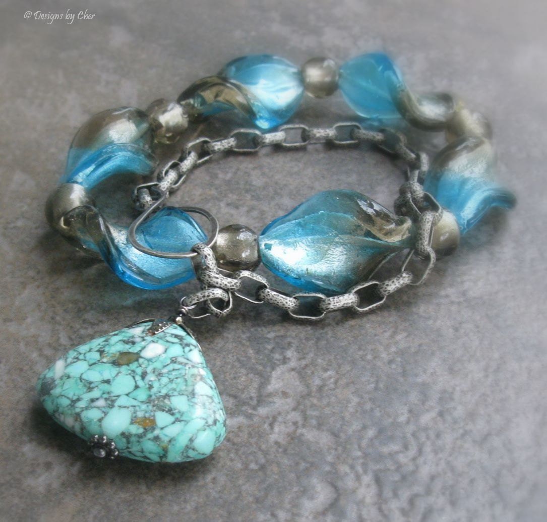 Two Turquoise Bracelets, Textured Chain & Stone, Silver Lined Glass Stretch... Boho Bold