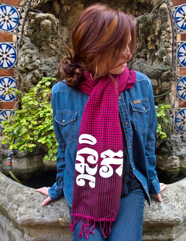 PEACE in Khmer--Dark Red Hand Woven Long Cotton Cambodian Style Scarf--Krama--26" x 75"--65cmx190cm--silk screen--