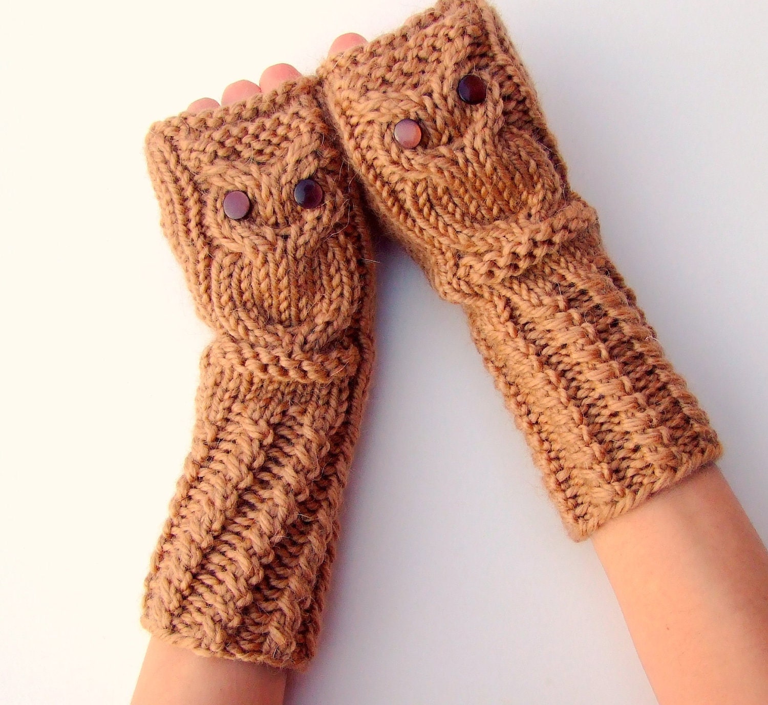Owl Fingerless Gloves/Mittens in Light Brown by CozySeason on Etsy from etsy.com