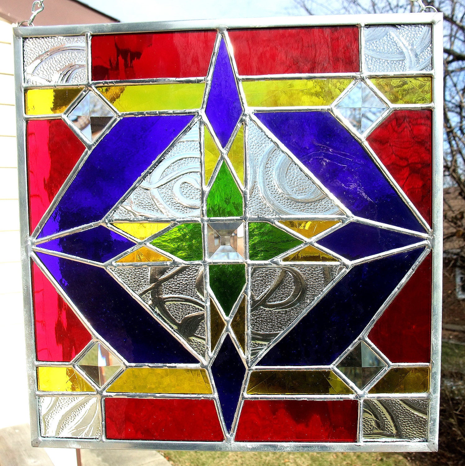 Multicolored Geometric Beveled Stained Glass Panel