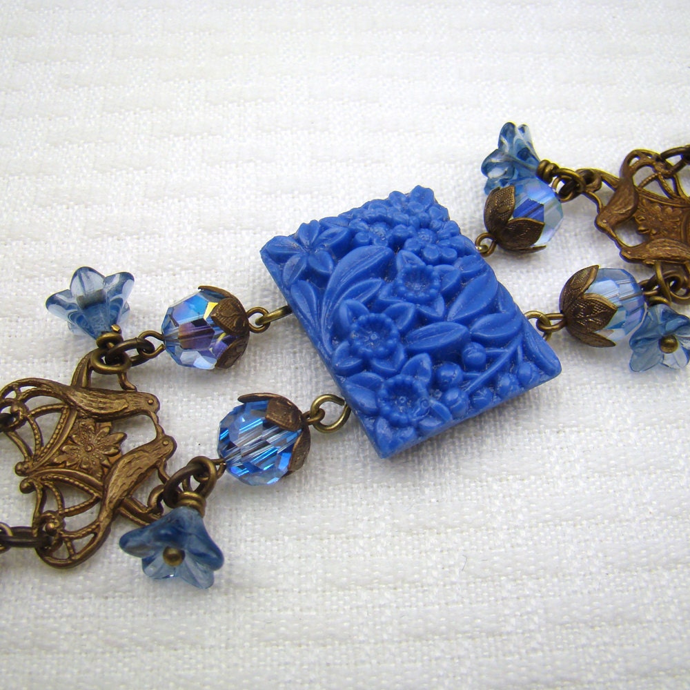 Blue floral bracelet with Swarovski crystal, multistrand, 7 1/2 inches