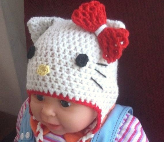 HELLO KITTY Hat Crochet Pattern, All sizes Included, Newborn to Adult, Beanie and Earflap