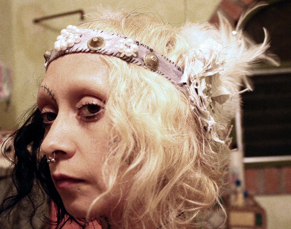 Ice Queen Headband Belly Dance Silver Silk Flowers White Feathers Winter Wonderland Headpiece Gothic Gypsy Headdress LOTR