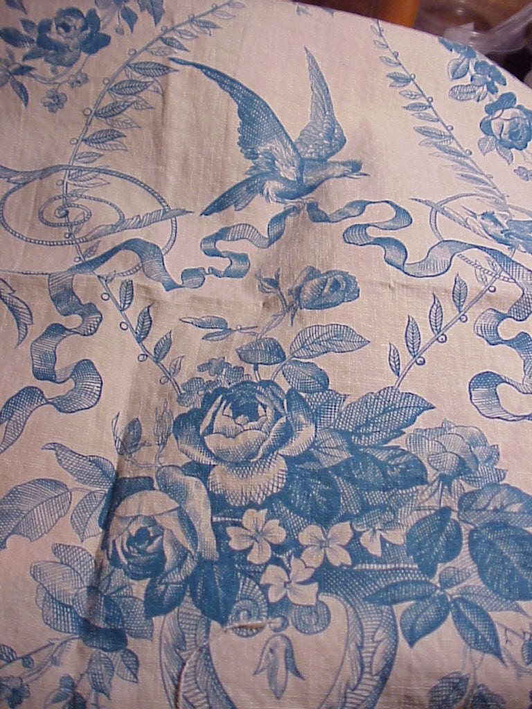 ALL 5 PIECES Antique French Fabric Blue Bird Toile 19th century