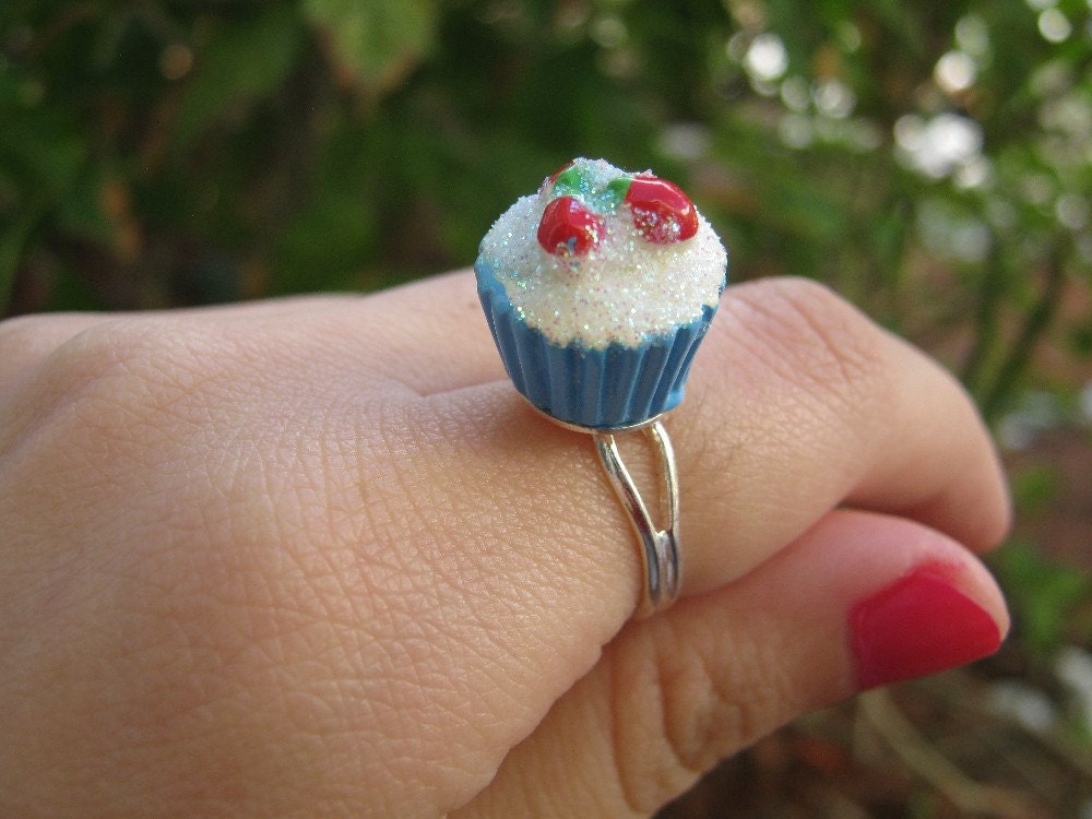 Tiny Cupcake Ring with White Glitter Frosting and by PinkFrog4U from etsy.com