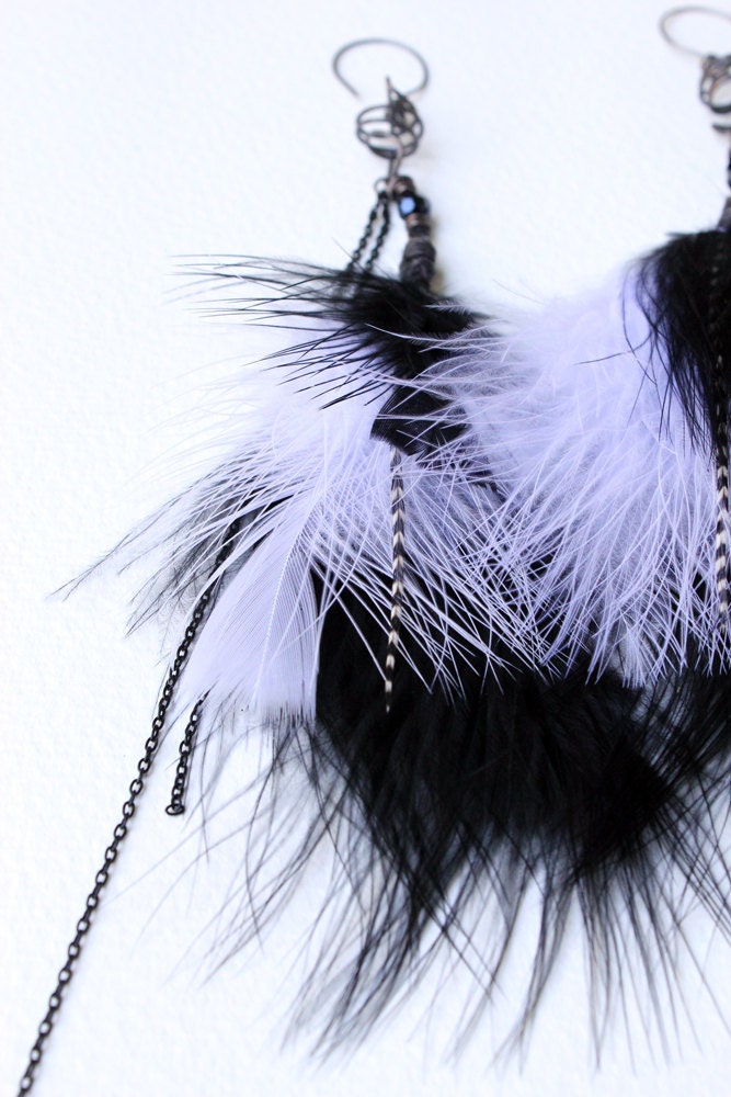Indian Feather Earrings long chain Spiral wire wrapped Black and White feathers Gypsy lightweight Dangle pierced ears Bohemian Carnival OOAK