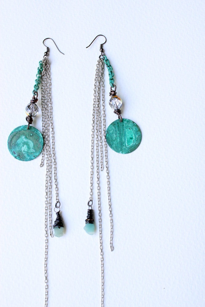 Long Chain Earring Bohemian Chic Sea green Verdigris Coin charm Pirate Gypsy Punk Rock Gothic Wasteland OOAK