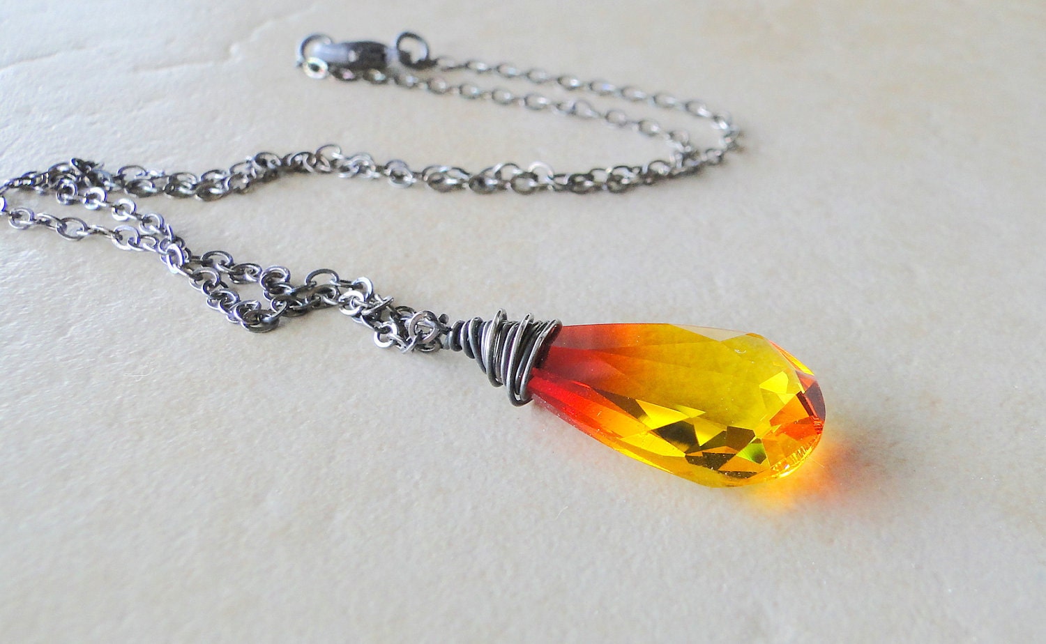 Fire Opal Swarovski Crystal Briolette, Wire Wrapped Necklace, On A Sterling Silver Chain (427)