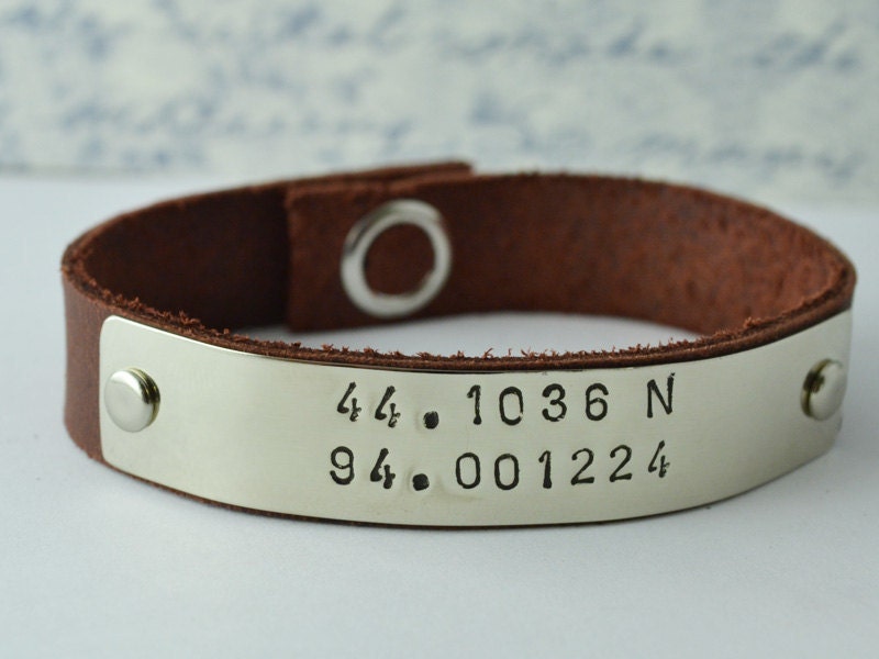 Latitude and Longitude - Personalized Leather Bracelet - Men or Womens Valentines Gift - Gifts under 25