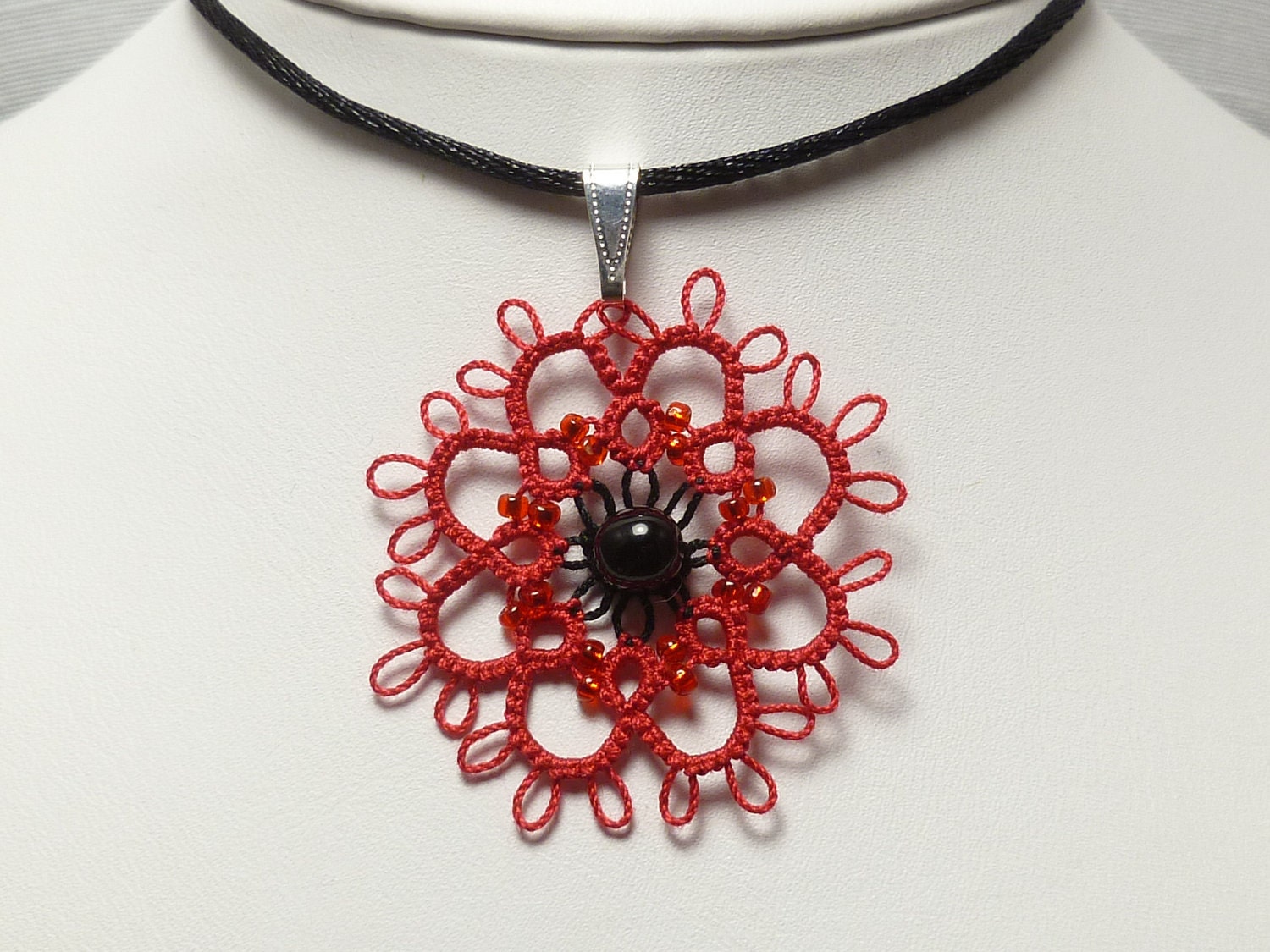 Tatted Flower Pendant in Red with glass beading -Blossom